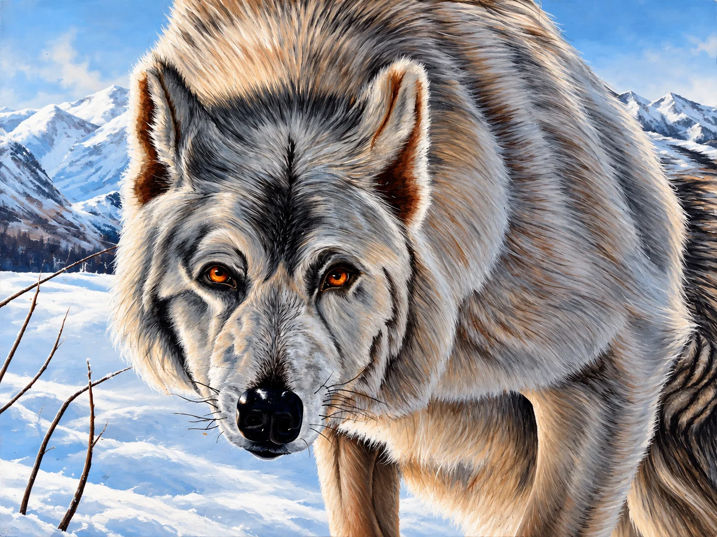 Detailed wolf portrait against a snowy mountain landscape