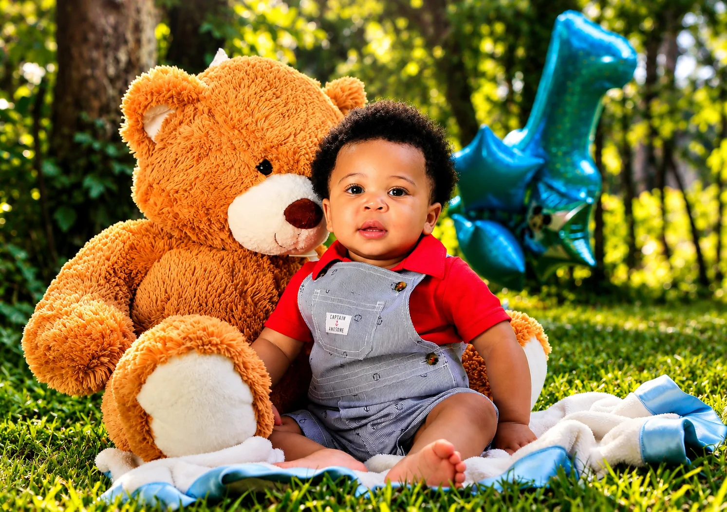 Baby portrait with teddy bear and blue number one
