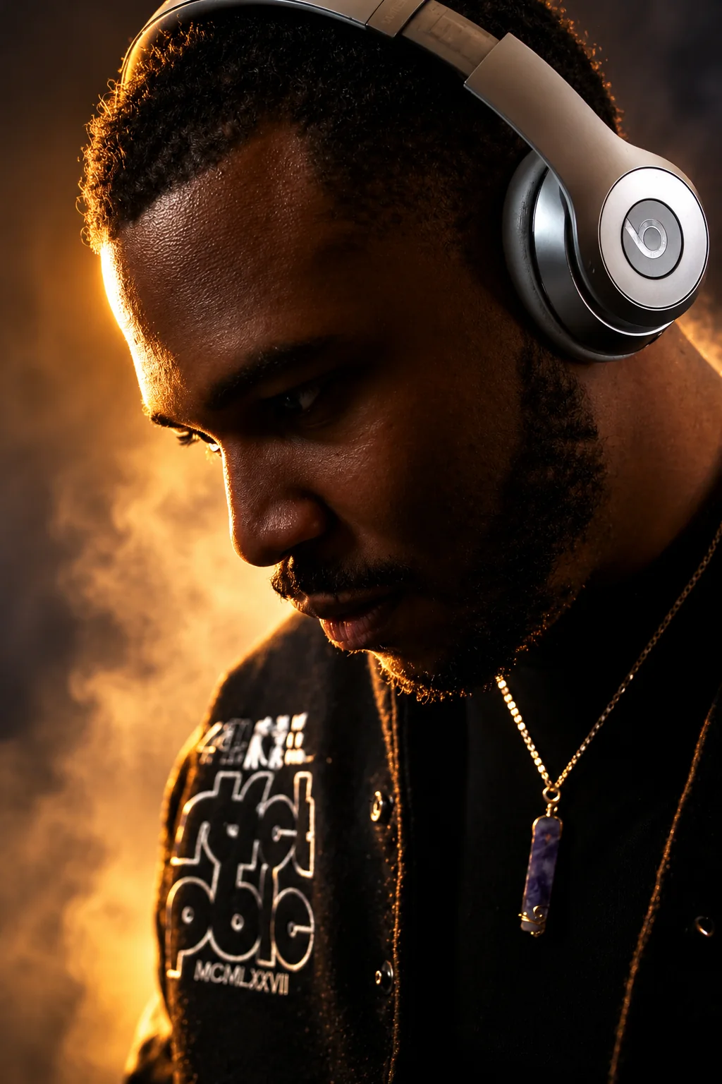 Dramatic recording artist portrait wearing headphones