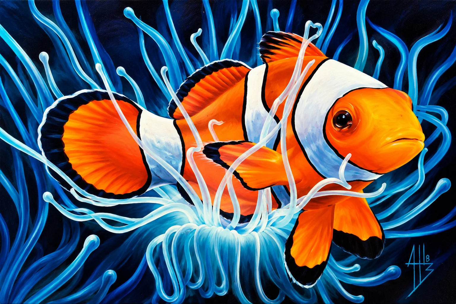 Colorful clown fish painting with blue coral