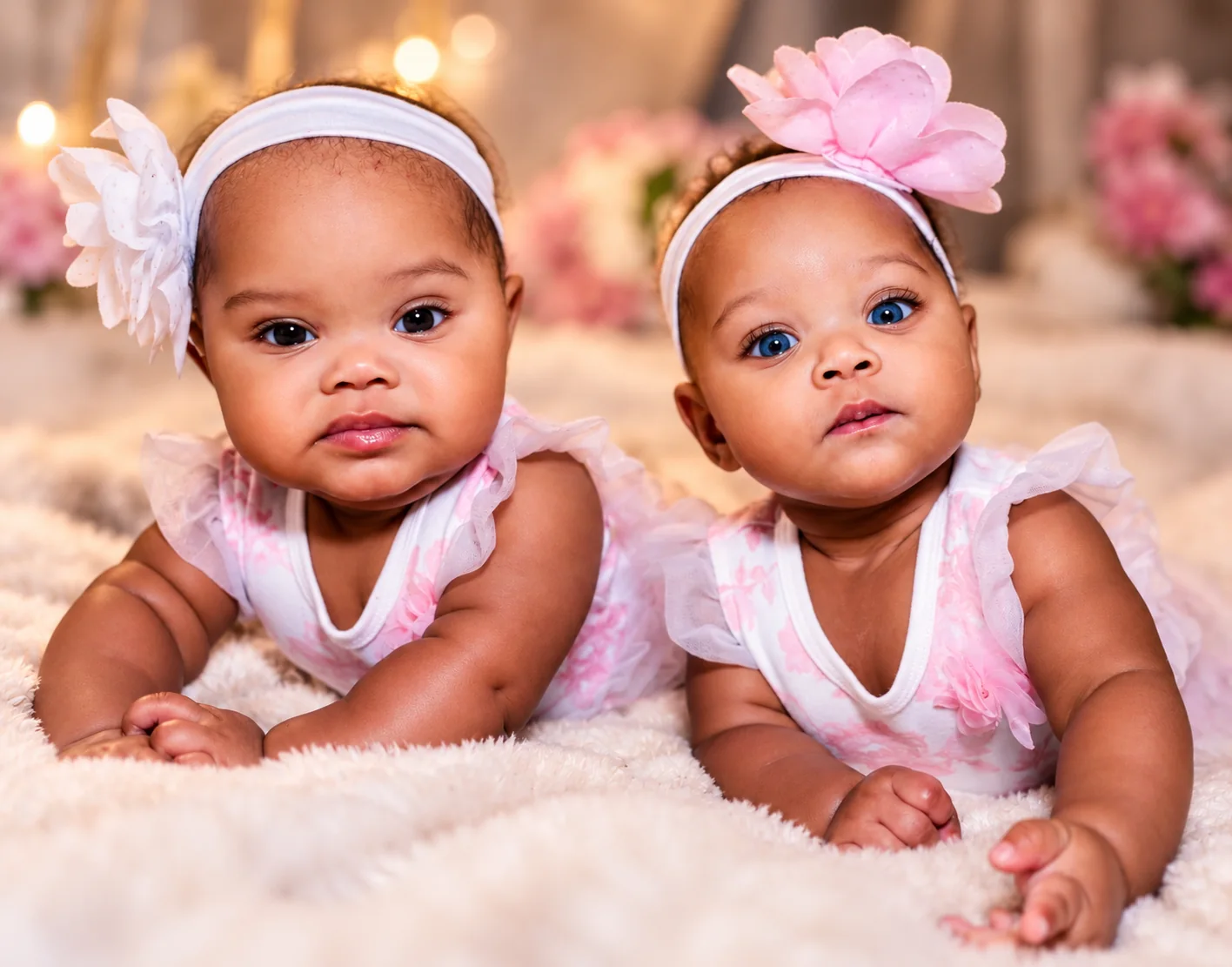 Newborn twin portrait with soft floral styling