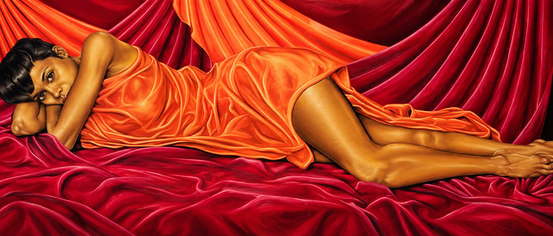 Life-size reclining figure painting with sculpted fabric detail