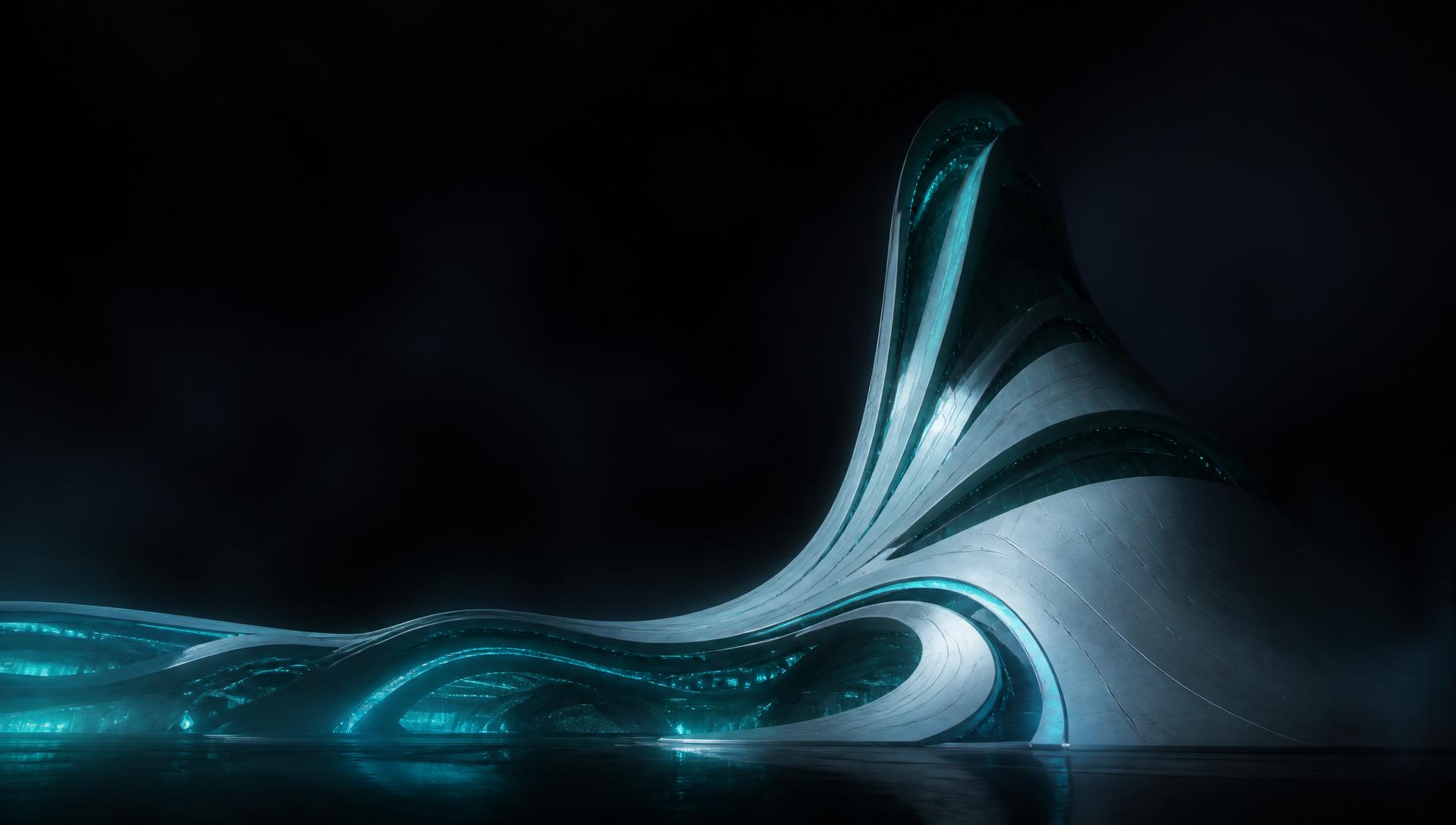 Sweeping parametric architecture glowing with bioluminescent teal light in a black void