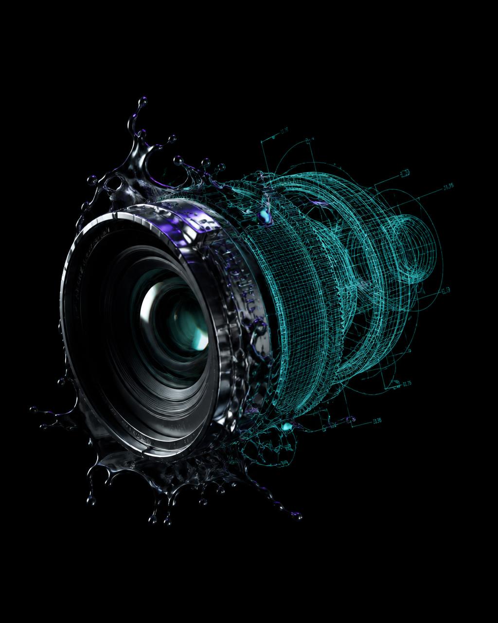 Liquid-metal cinema lens dissolving into a glowing teal architectural blueprint
