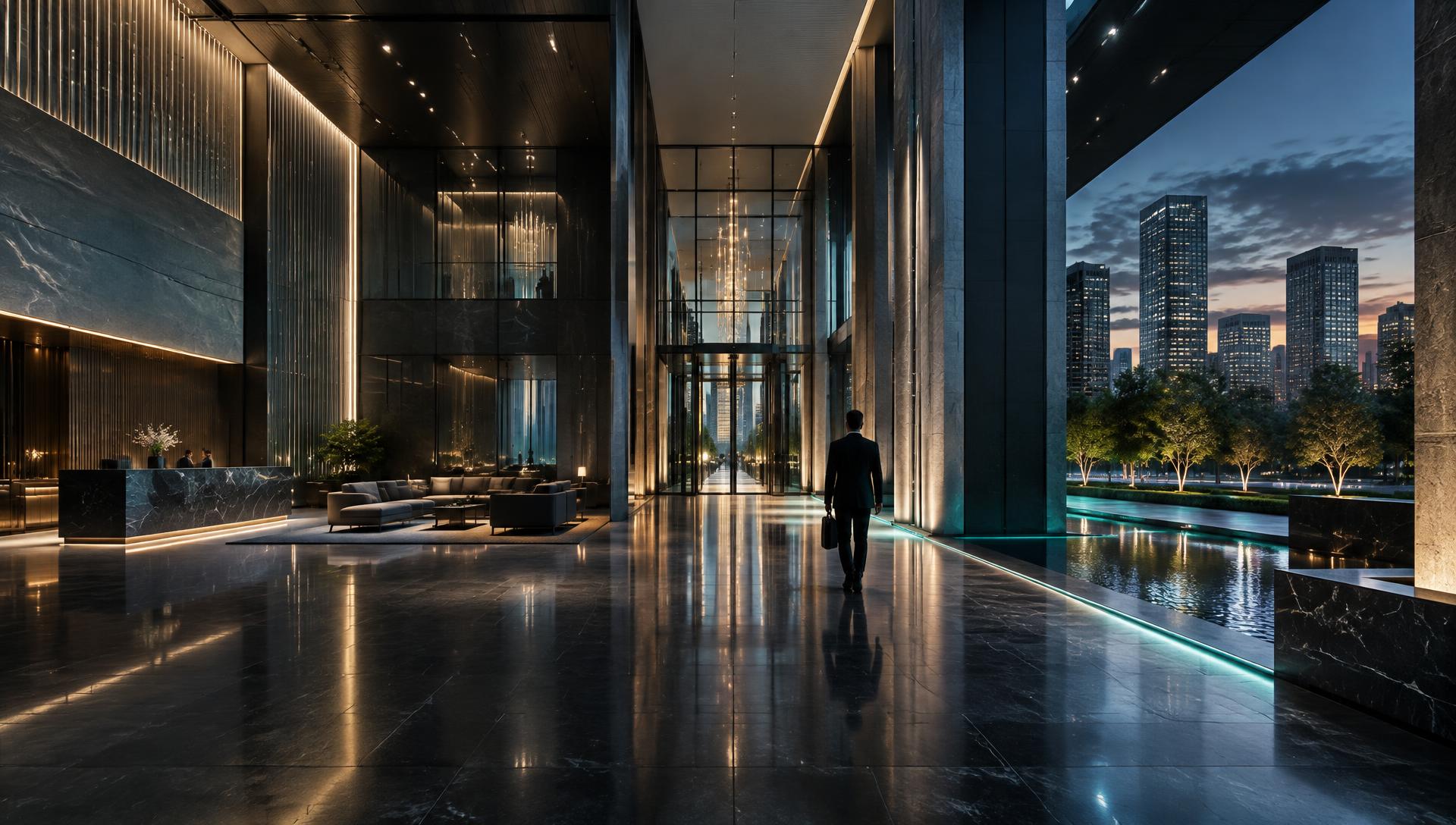 Operations professional inside a sophisticated commercial property lobby